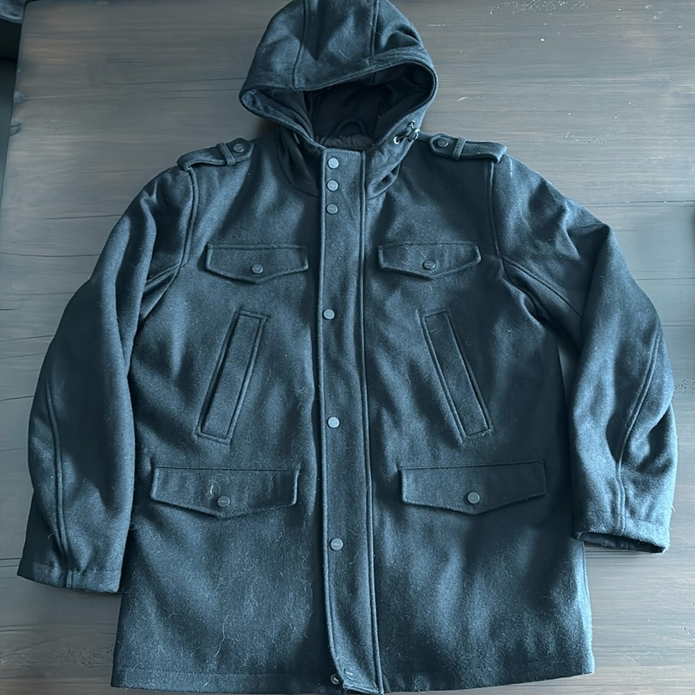 Men’s black pea coat guest jacket in size large brand new without tags
